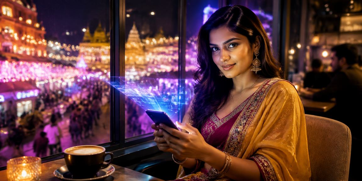 Night market with vibrant casino app advertisement in India
